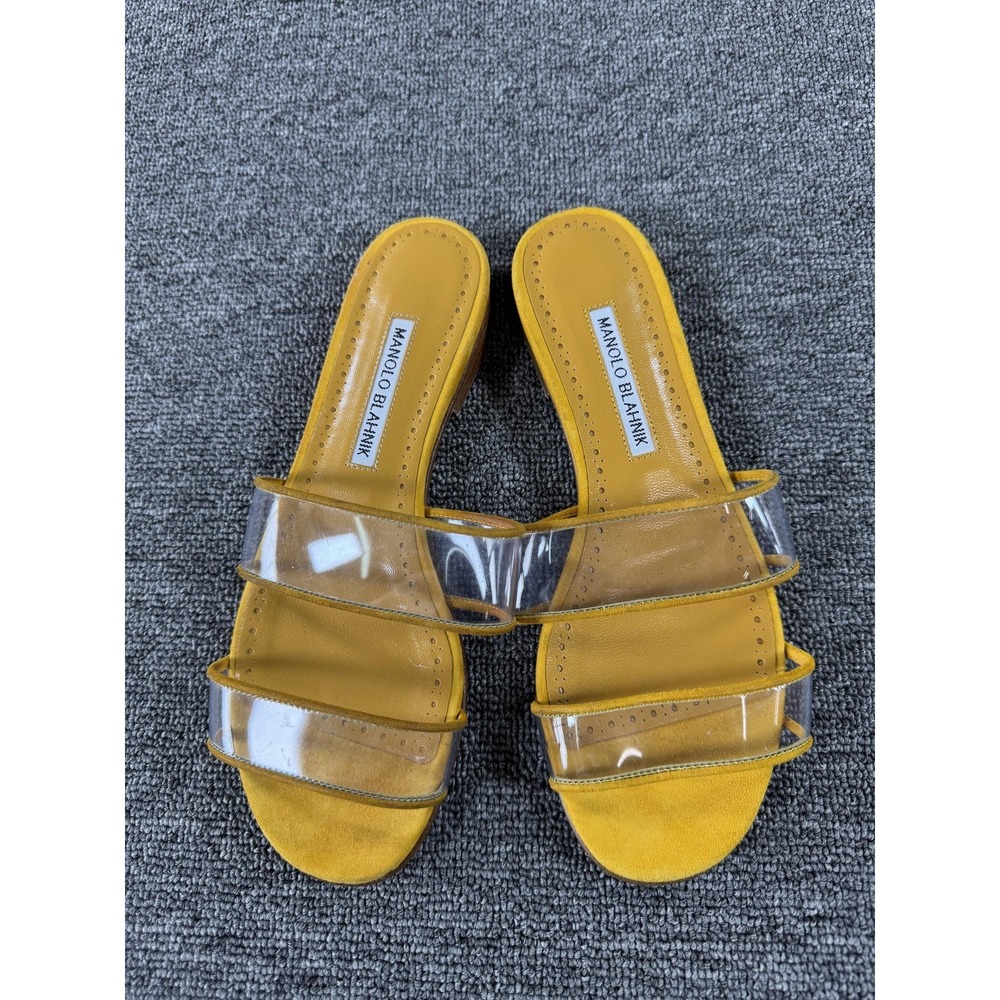 Manolo Blahnik Sandals Womens 7 Yellow Clear PVC Slide Flat Strappy Italy